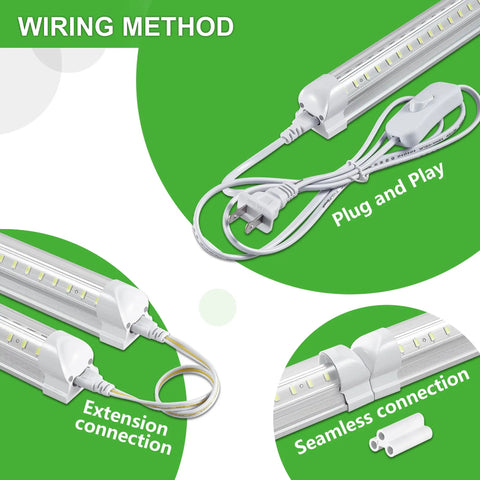 4 Pack 8 Foot LED Shop Lights Set With 100W Output 15000 Lumens 6000K Cool White showing plug and play connection method
