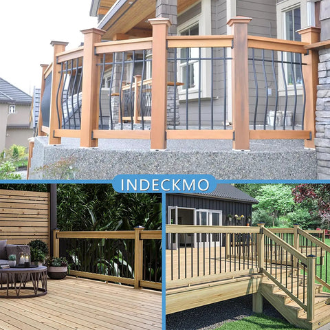 Composite deck railings highlighted, suitable for 2x4 posts using Ten Pack Deck Railing Bracket Connectors For 2x4 Posts 1.5 By 3.5 Inch Nylon Sturdy Rail Brackets With Seventy Screws For Wooden Stair Fence Railings And Handrail Built Tough For Outdoor Use in varying designs and settings.