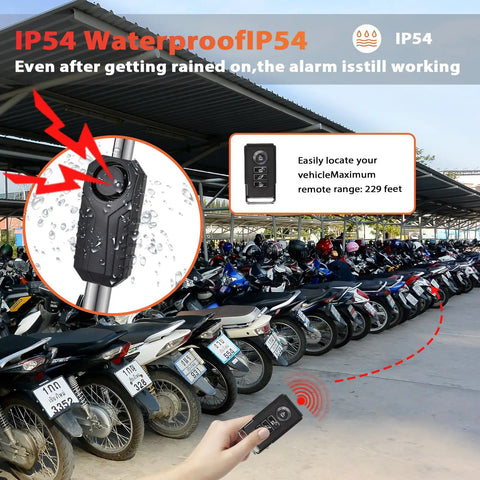 Heavy Duty Electric Scooter Lock With Alarm And Remote Locking Waterproof 37 Inch Bike Chain Security Lock Kit With Key Anti Theft Alarm Ideal For EScooters Bicycles And Motorcycles in a parking lot with IP54 waterproof feature.