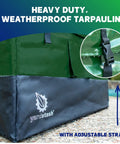 76 Gallon Waterproof Outdoor Deck Box With Tough Tarpaulin Cover for All Weather Storage, showing waterproof tarp and straps