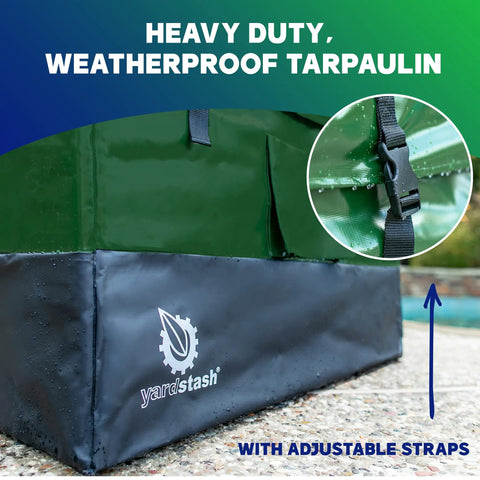 76 Gallon Waterproof Outdoor Deck Box With Tough Tarpaulin Cover for All Weather Storage, showing waterproof tarp and straps