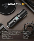 USB Condenser Microphone Kit For PC With One Touch Mute And Mic Gain Knob For Singing Podcast Streaming And Studio Sessions Delivering Rich Warm Clear Audio; includes microphone, boom arm, pop filter, mount, USB cable, and manual.