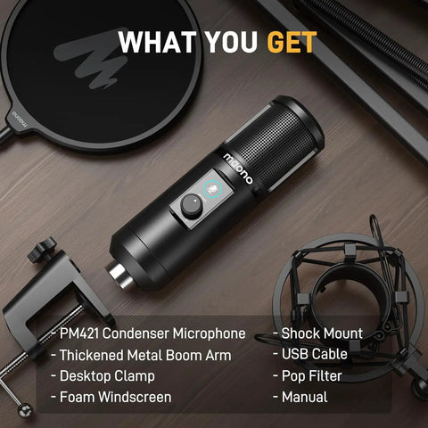USB Condenser Microphone Kit For PC With One Touch Mute And Mic Gain Knob For Singing Podcast Streaming And Studio Sessions Delivering Rich Warm Clear Audio; includes microphone, boom arm, pop filter, mount, USB cable, and manual.