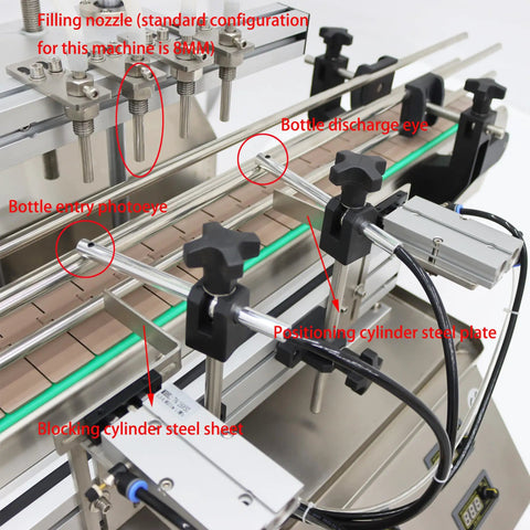 Plug And Play Automatic Liquid Filling Machine With Magnetic Pump And Four Stainless Nozzles Handles Five To One Thousand Milliliter Bottles Fast Rock Solid Ironclad Conveyor Belt Delivers Straight Fire Industrial Efficiency showing nozzle and components.