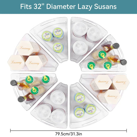 Smooth Spinning Lazy Susan Cabinet Organizer Bins For Kitchen 8 Pack Wedge Shape, clear bins with assorted jars and bottles for 32" turntable.