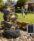 5 Tier Rock Solar Water Fountain Outdoor Garden With LED Lights 36 Inch Tall Cascading Water Feature in backyard with solar panel
