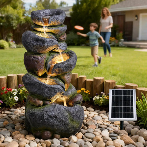 5 Tier Rock Solar Water Fountain Outdoor Garden With LED Lights 36 Inch Tall Cascading Water Feature in backyard with solar panel