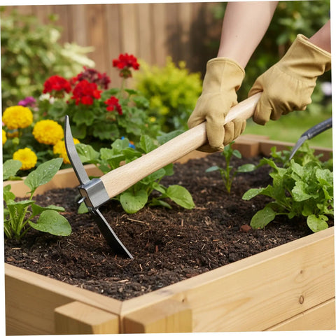 Person using 2-In-1 Heavy Duty Garden Hoe And Pickaxe With Wood Handle for weeding and digging in home garden beds with thick steel head.