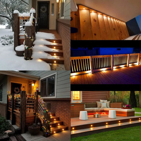 Warm White 16 Pack Recessed LED Deck Lights, 1.22 Inch Diameter, 0.94 Inch Mount Hole, 12V DC Low Voltage on outdoor stairs