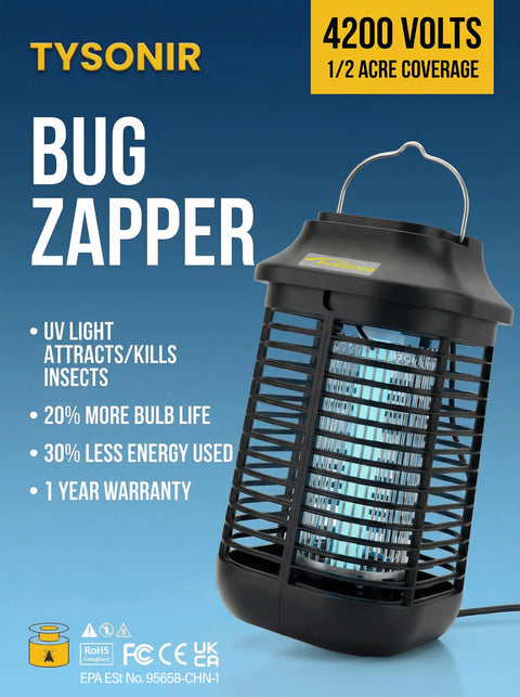 High Powered 4200V Bug Zapper for Outdoor and Indoor Use With 9.84 Ft Power Cord And Easy Switch Backyard Ready Waterproof Mosquito Killer Lamp Gen 3 Electronic Insect Zapper Light Bulb displayed against a blue background