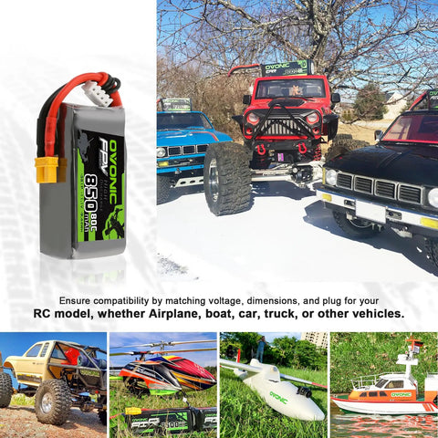 3S 11.1V 850mAh 80C LiPo Battery With XT30 Connector for RC models, including drones, cars, and boats, with compatibility text.