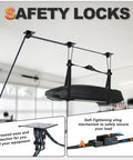 Ceiling Hoist For Cargo Box And Gear Heavy Duty Garage Storage Lift With Triple Pulley System Holds Up To 150 Lbs Fits 10 To 14 Foot Ceilings Overhead Space Saver installed with safety locks