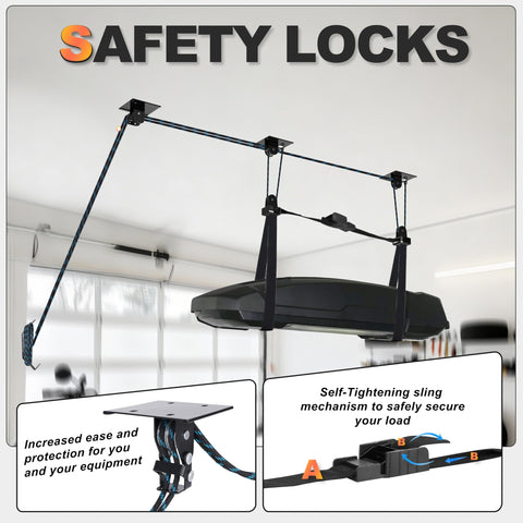 Ceiling Hoist For Cargo Box And Gear Heavy Duty Garage Storage Lift With Triple Pulley System Holds Up To 150 Lbs Fits 10 To 14 Foot Ceilings Overhead Space Saver installed with safety locks