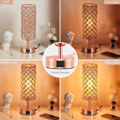 Rose Gold Crystal Table Lamp With 3 Way Dimmable Touch Control And USB C And USB A Ports in different light settings