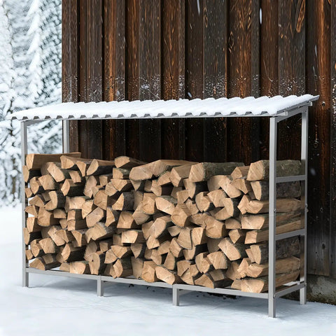 Heavy Duty Four Foot Firewood Rack With Weather Cover For Indoor And Outdoor Use Sturdy Metal Wood Storage Stand Keeps Dry Firewood Ready For Fireplace Or Fire Pit outdoors in snow