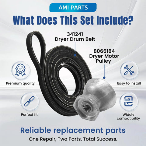 Dryer Motor Pulley And Dryer Drum Belt Replacement 8066184 341241 For Whirlpool Maytag Kenmore Compatible With AP6011686 kit
