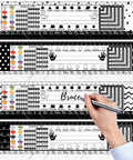 48 Pack Black White Painted Dots Classroom Name Plates Desk Name Tags For Kids Alphabet And Multiplication Desk Markers shown with hand writing Bruce.