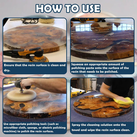 Four-step guide showing the use of Pro Grade Resin Polishing Kit With 16 Oz Epoxy Polish And 16 Oz Cleaner on epoxy surfaces.