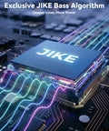 Image of electronic circuit board featuring Exclusive JIKE Bass Algorithm promoting deep bass with glowing visual effects.