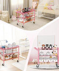 Rock Solid Heavy Duty Pink Metal Rolling Cart With Three Roomy Shelves And Smooth Rolling Wheels built for toy organization in a nursery.