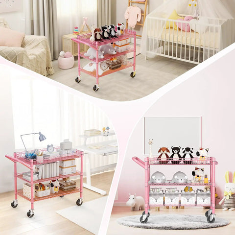 Rock Solid Heavy Duty Pink Metal Rolling Cart With Three Roomy Shelves And Smooth Rolling Wheels built for toy organization in a nursery.