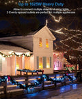 50 Foot 12 Gauge Outdoor Power Extension Cord With Seven Outlets ETL Listed IP44 Weatherproof Cap lighting up festive house exterior