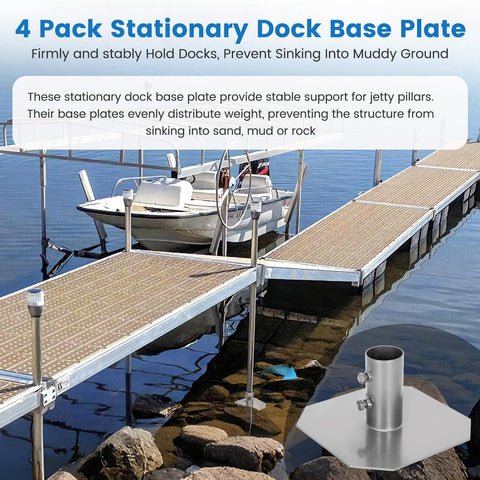 Image of Heavy Duty Dock Base Plates 4 Pack For Floating Docks Stationary Foot Plates for posts pipes on a stationary dock.