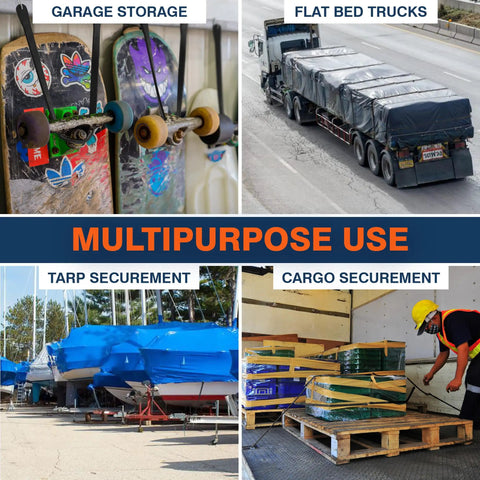 Heavy Duty Bungee Cords With Hooks 31 Inch Pack Of 50 For Outdoor Cargo Security in various uses like trucks and storage.