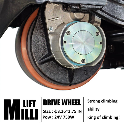 Millilift Electric Pallet Jack With Heavy Duty 3300lb Load Capacity Reinforced Steel Forks For Warehouse Logistics Material Handling and Smooth Transport Operations In Black Finish drive wheel close-up view with motor details.