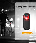 Seat Post Mount For Varia RCT715 Radar Tail Light Fits Round 25.4 To 35.0 Mm And Aero Or D Shaped Seat Posts Easy Install Rock Solid Secure Mount for Road and Mountain Bikes. Image showing compatible models and Varia RCT715 with cyclist in background.