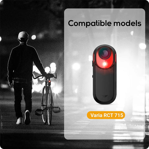 Seat Post Mount For Varia RCT715 Radar Tail Light Fits Round 25.4 To 35.0 Mm And Aero Or D Shaped Seat Posts Easy Install Rock Solid Secure Mount for Road and Mountain Bikes. Image showing compatible models and Varia RCT715 with cyclist in background.