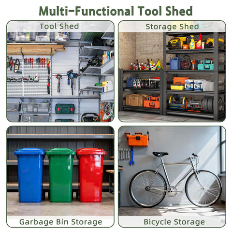 Multi-functional space inside 6x6 Ft Plastic Outdoor Storage Shed With Transparent Roof No Hassle Setup Resin Shed With Lockable Floor And Double Doors For Your Backyard Garden Patio Or Lawn, featuring tool shed, storage, bins, and bicycle.