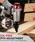 Image of Built Different 2 In 1 Pneumatic Brad Nailer And Narrow Crown Staple Gun Kit adjusting nail depth for woodworking.