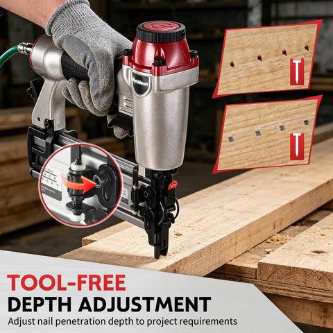 Image of Built Different 2 In 1 Pneumatic Brad Nailer And Narrow Crown Staple Gun Kit adjusting nail depth for woodworking.