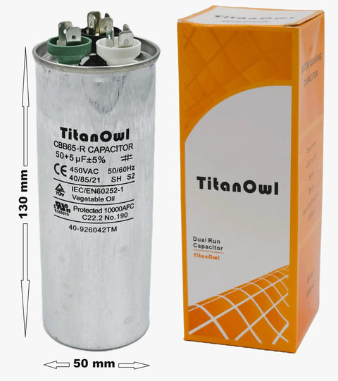 Fifty Plus Five Microfarad Dual Run Start Capacitor For Condenser Air Conditioners And Heat Pumps 370 To 450 VAC CBB65 Round Motor