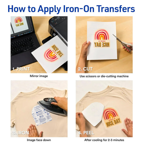 Instructions for using printable heat transfer paper for light fabrics with inkjet printers, showing print, cut, iron, and peel steps.