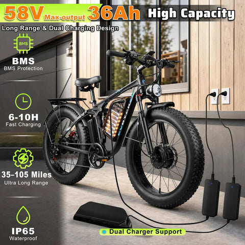 Huge 9000W Peak Dual Motor Electric Bike For Adults With Insane Speed Up To 47 Mph And Heavy Duty Build For Climbing Steep Slopes Like A Pro, black fat-tire e-bike with 58V 36Ah battery and dual chargers