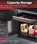Eight Drawer Rolling Tool Chest With Locking Detachable Cabinet Built Tough Heavy Duty Steel Tool Cart On Wheels With Liner And Hooks Garage Ready For Workshop Or Warehouse Durable Black Finish large capacity storage showing open drawers with tools, screws, and lubricant containers.