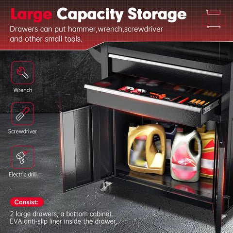 Eight Drawer Rolling Tool Chest With Locking Detachable Cabinet Built Tough Heavy Duty Steel Tool Cart On Wheels With Liner And Hooks Garage Ready For Workshop Or Warehouse Durable Black Finish large capacity storage showing open drawers with tools, screws, and lubricant containers.