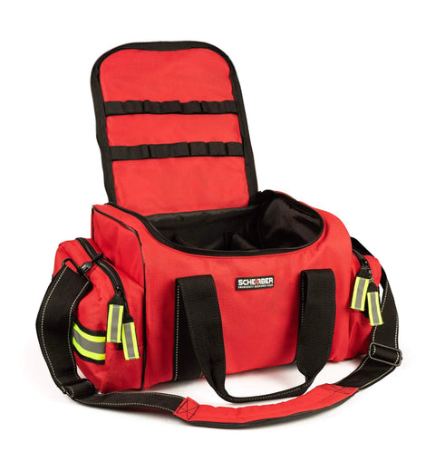 Scherber red first-responder EMT medical bag with open lid and interior elastic loops