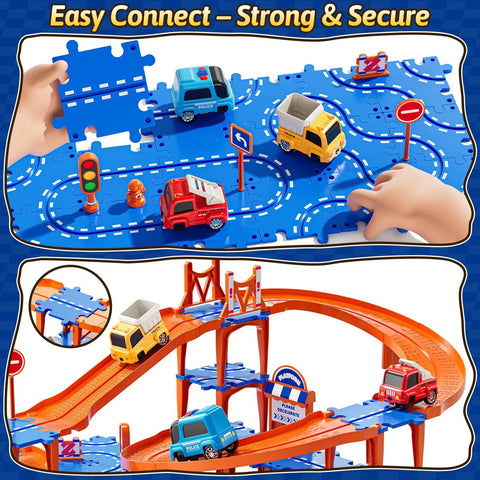 4 Tier Race Track Puzzle Set With 3 Cars For Kids Ages 3 To 8, Hands On Educational Floor Car Game with 96 Accessories