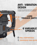 Close-up of Heavy Duty Variable Speed Rotary Hammer Drill with 6 variable speeds and anti-vibration design.