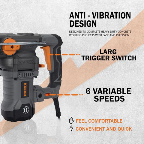 Close-up of Heavy Duty Variable Speed Rotary Hammer Drill with 6 variable speeds and anti-vibration design.