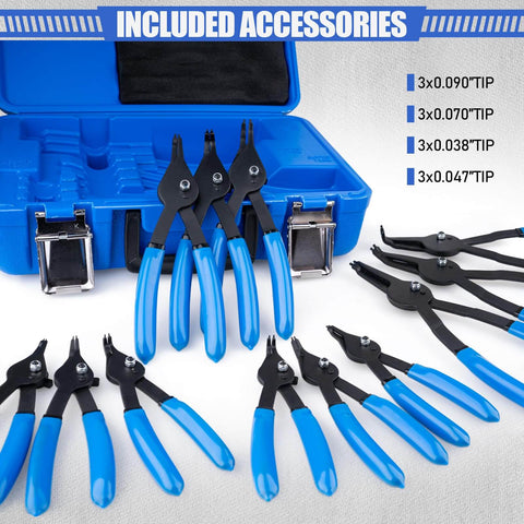 Pro Grade 12 Piece Snap Ring Pliers Set with Quick Switch for Internal and External Retaining Rings, sizes 0.038 to 0.090 inches