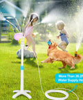Adjustable Outdoor Patio Misters Stand With Flexible Riser Up To 46 Inches And 26 Point Two Feet Water Supply Line in use with kids and dog playing in water spray