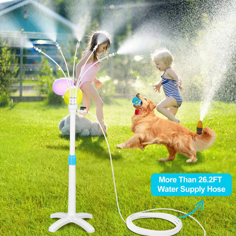 Adjustable Outdoor Patio Misters Stand With Flexible Riser Up To 46 Inches And 26 Point Two Feet Water Supply Line in use with kids and dog playing in water spray
