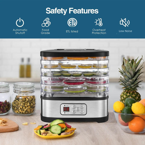 Top Shelf 5 Tray Electric Food Dehydrator Boasting A Slick Digital Led Touchscreen And Intuitive Temp Timer To Easily Whip Up Savory Beef Jerky Crispy Dried Fruit And Fresh Batch Snacks No Sweat Today with assorted fruits and veggies.