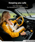 Step Up Your Road Game With These Premium Windshield Wiper Blades For Tesla Model 3 And Model Y Years 2017 Through 2025 in a car during heavy rain.