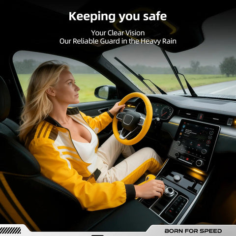 Premium Quality Windshield Wiper Blades For GMC Terrain And Chevy Equinox Models 2010 To 2017 in use during heavy rain.