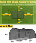 Top view of backyard baseball and softball batting cage with enclosed net and pitching hole on grassy field, size 22x12x8 ft